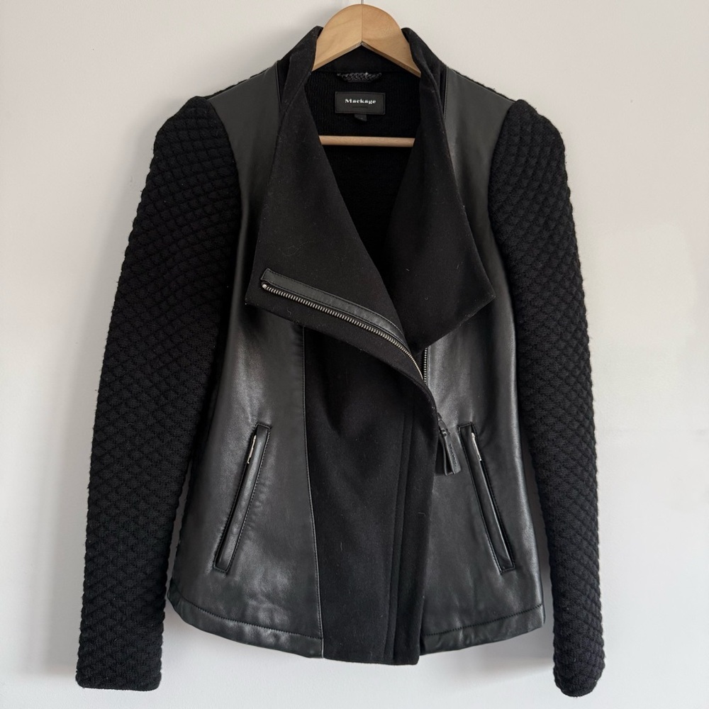 Manage Black Leather Jacket with Wool Blend Textured Sleeves